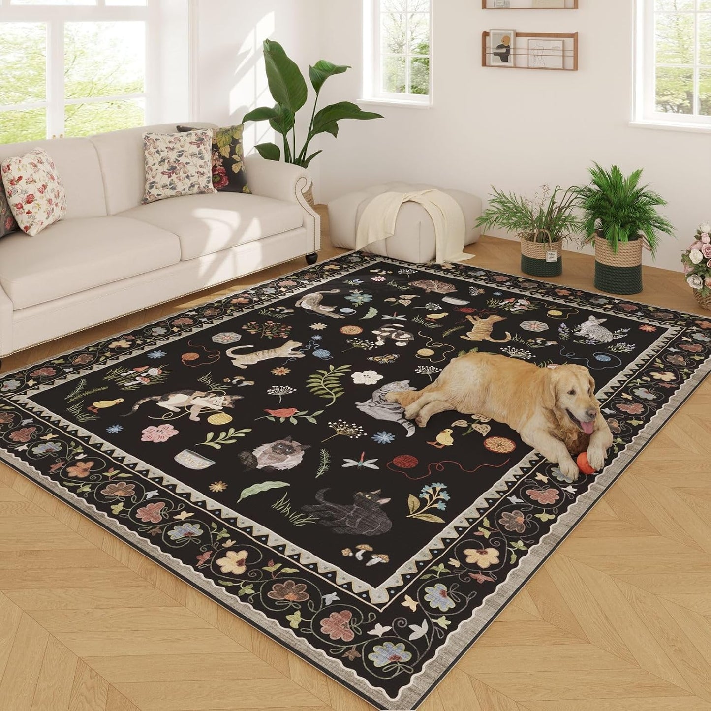Rugcomf Living Room Rug 5x7 Rug Machine Washable Boho Area Rug Non Slip Floral Animal Cat Vintage Low Pile Large Rugs for Living Room Bedroom Farmhouse Dining Room Kids Playroom, Beige
