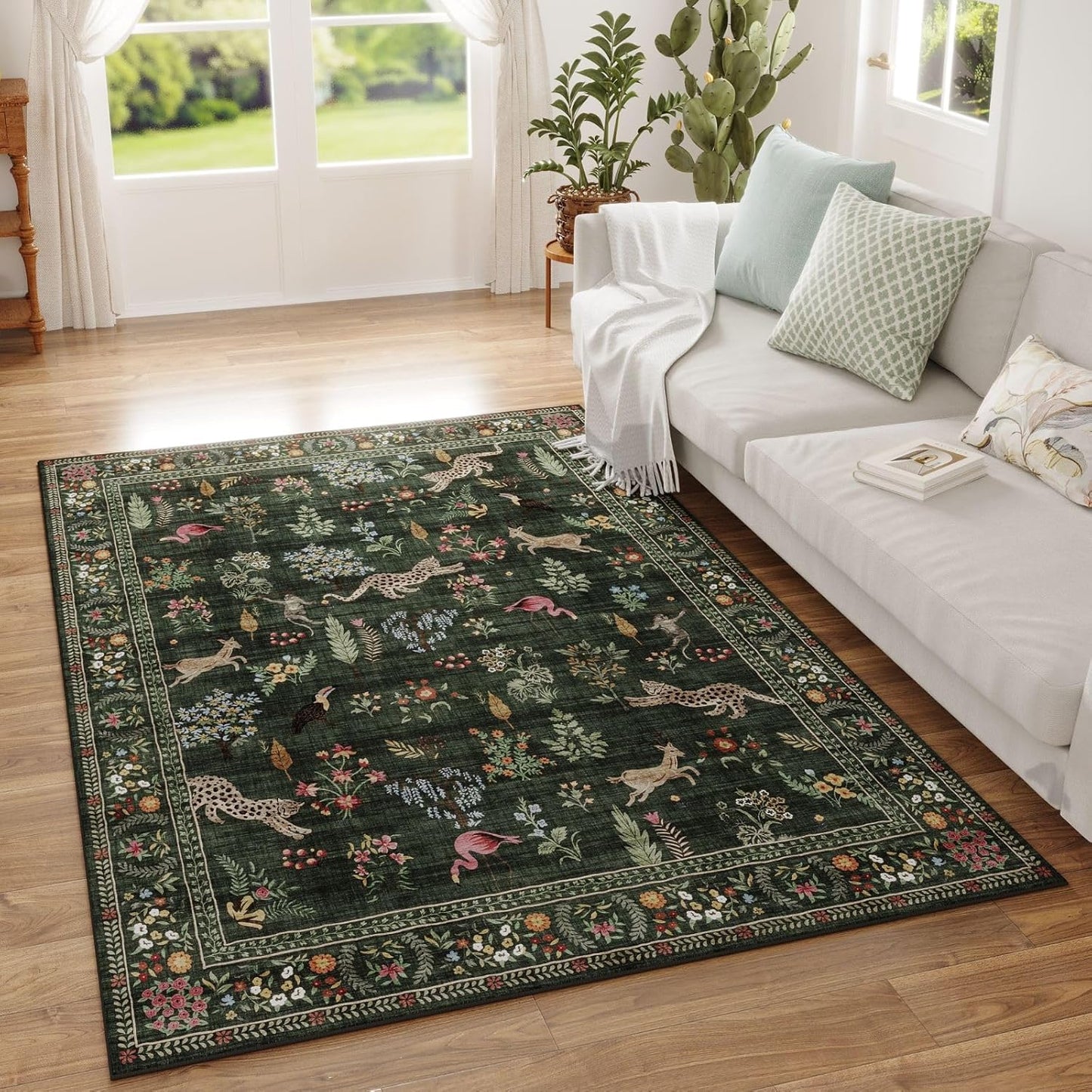 Rugcomf Living Room Rug 5x7 Rug Machine Washable Boho Area Rug Non Slip Floral Animal Cat Vintage Low Pile Large Rugs for Living Room Bedroom Farmhouse Dining Room Kids Playroom, Beige