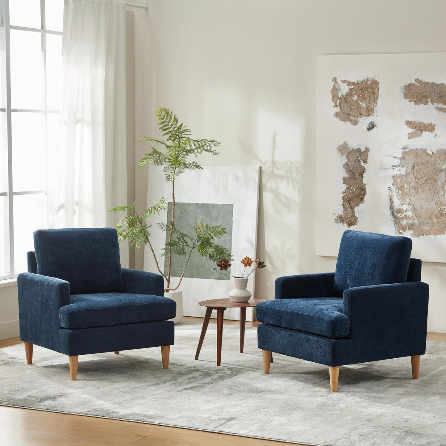 VKNOW Mid-Century Accent Chair, Modern Upholstered Chenille Armchair for Living Room,Comfy Reading Accent Chairs with Wood Legs for Bedroom, Beige