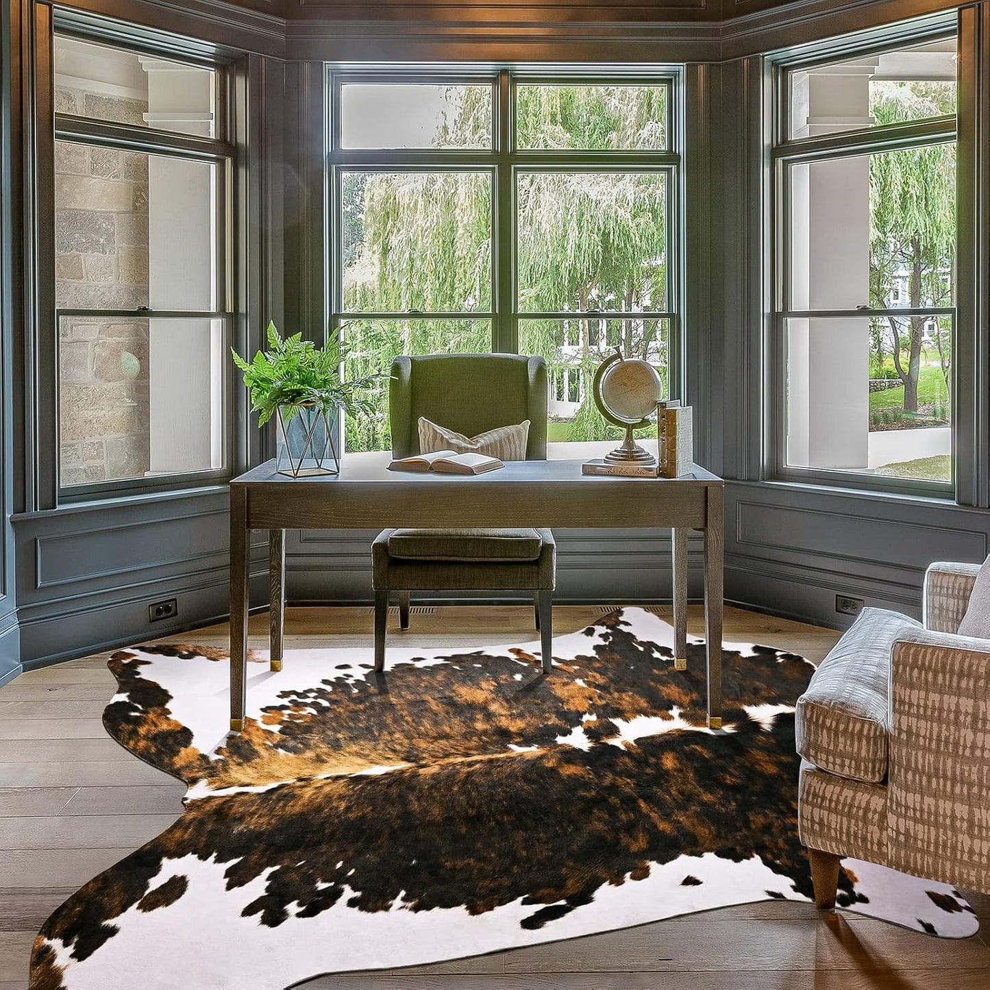 Amearea Faux Cow Hide Rug Large 7×6.2 Feet, Premium Western Home Decor Cow Print Rugs for Living Room, Faux Leather Animal Cowhide Bedroom Carpet, Dining Traditional Cow Pattern Stuff Carpets, Brown