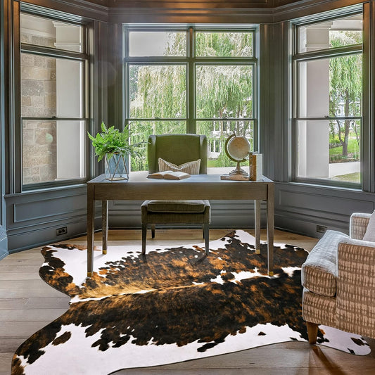 Amearea Faux Cow Hide Rug Large 7×6.2 Feet, Premium Western Home Decor Cow Print Rugs for Living Room, Faux Leather Animal Cowhide Bedroom Carpet, Dining Traditional Cow Pattern Stuff Carpets, Brown