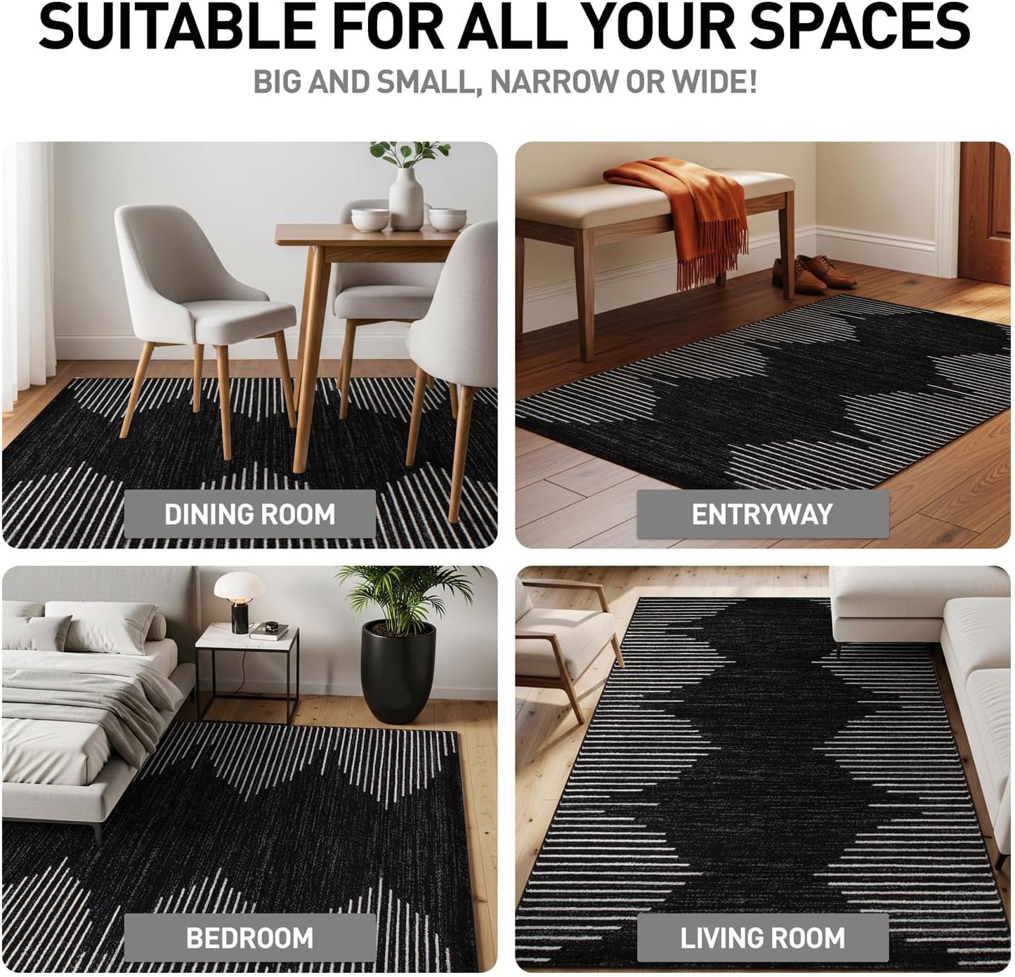 Rugshop Bohemian Stripe Stain Resistant High Traffic Living Room Kitchen Bedroom Dining Home Office Area Rug 5' x 7' Black