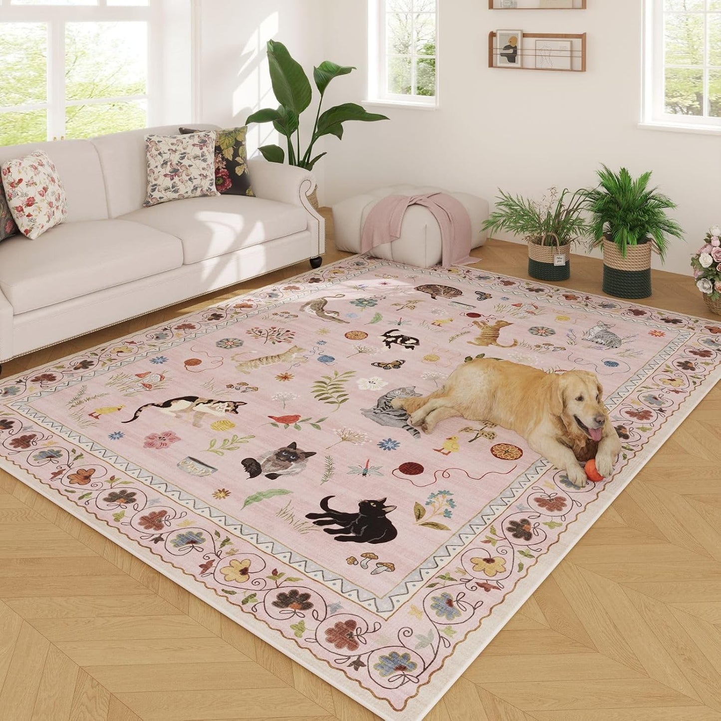 Rugcomf Living Room Rug 5x7 Rug Machine Washable Boho Area Rug Non Slip Floral Animal Cat Vintage Low Pile Large Rugs for Living Room Bedroom Farmhouse Dining Room Kids Playroom, Beige