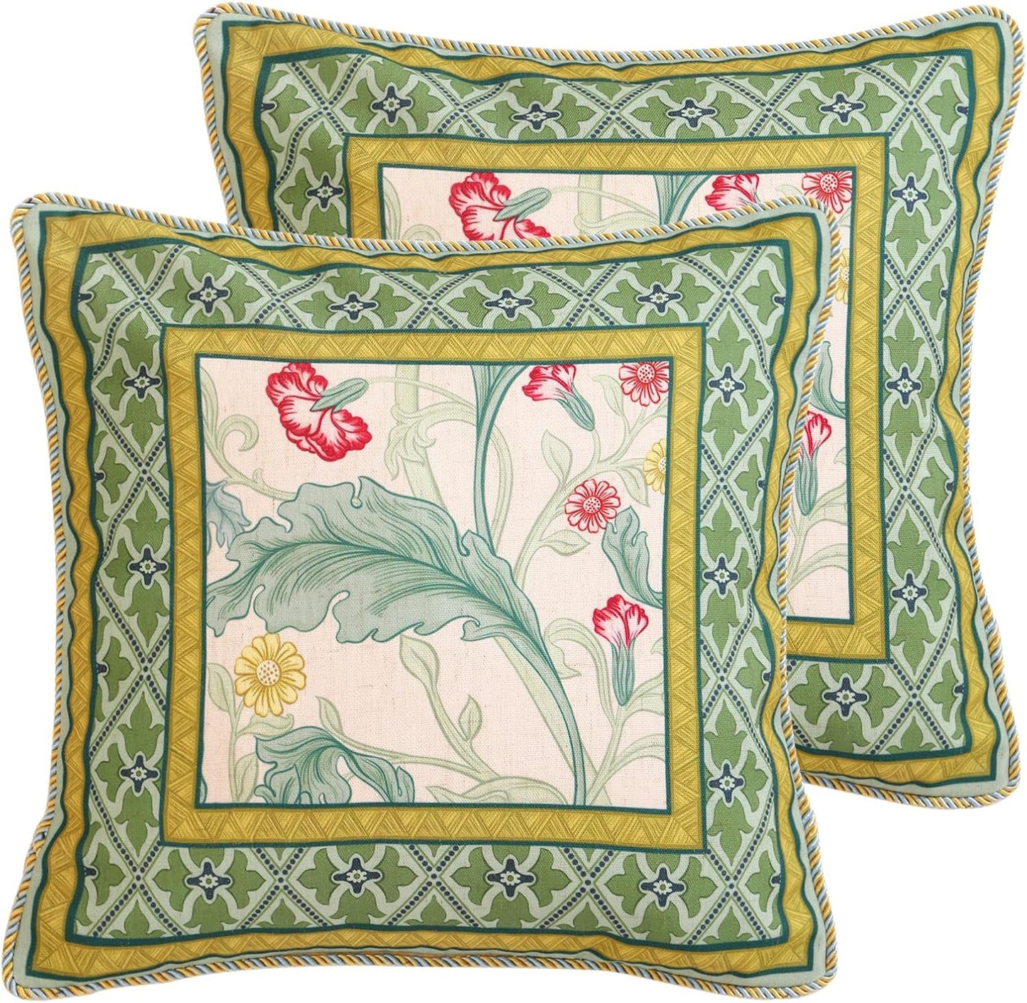 patdrea Designer Pack of 2 Square Throw Pillow Covers,Farmhouse Pink and Yellow Linen with Floral Pattern Pillows Cover,Decorative Pillowcases Cushion for Bed Living Room Outdoor Car,18"x18"