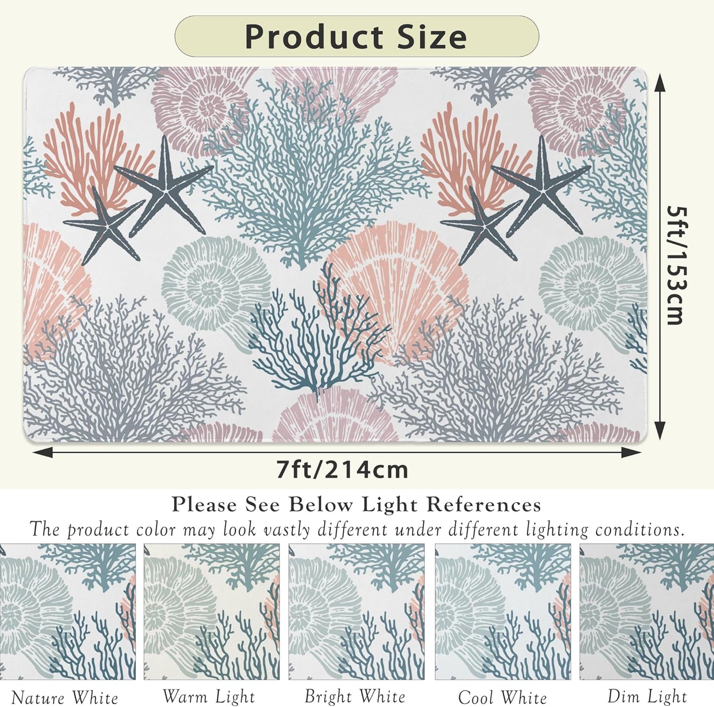 Corals Coastal Rug for Living Room 5x7 Area Rug Washable Non-Slip Rugs for Bedroom Cute Soft Kids Nursery Rug, Nautical Beach Themed Capet for Entryway Office Dining Room