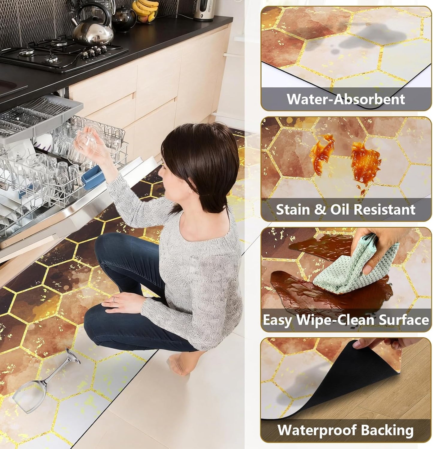 Kitchen Rugs Sets 3 Piece, Non Slip Cushioned Kitchen Mats for Floor Comfort Standing Runner Rugs, Chef Floor Carpet for Sink, Laundry Room, Hallway, Entryway, Bathroom, Brown Honeycomb Marble