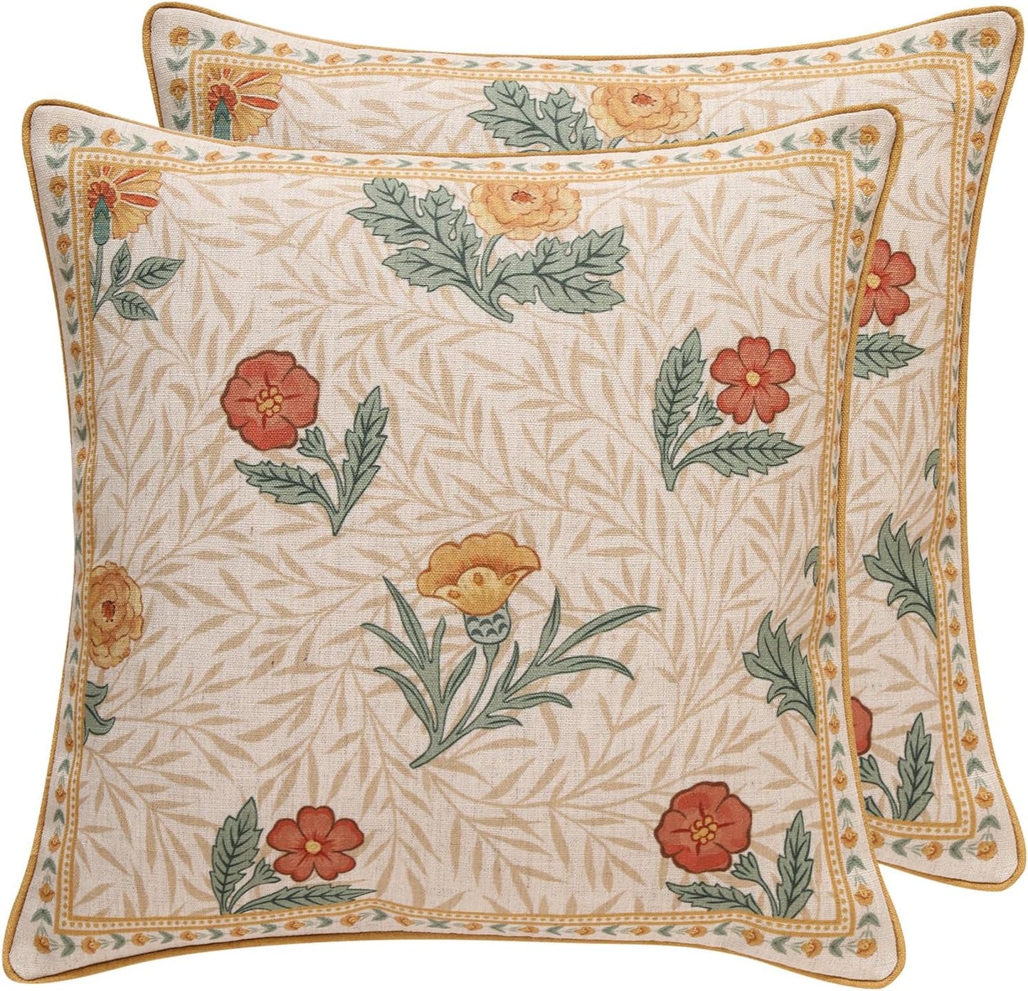 patdrea Designer Pack of 2 Square Throw Pillow Covers,Farmhouse Pink and Yellow Linen with Floral Pattern Pillows Cover,Decorative Pillowcases Cushion for Bed Living Room Outdoor Car,18"x18"