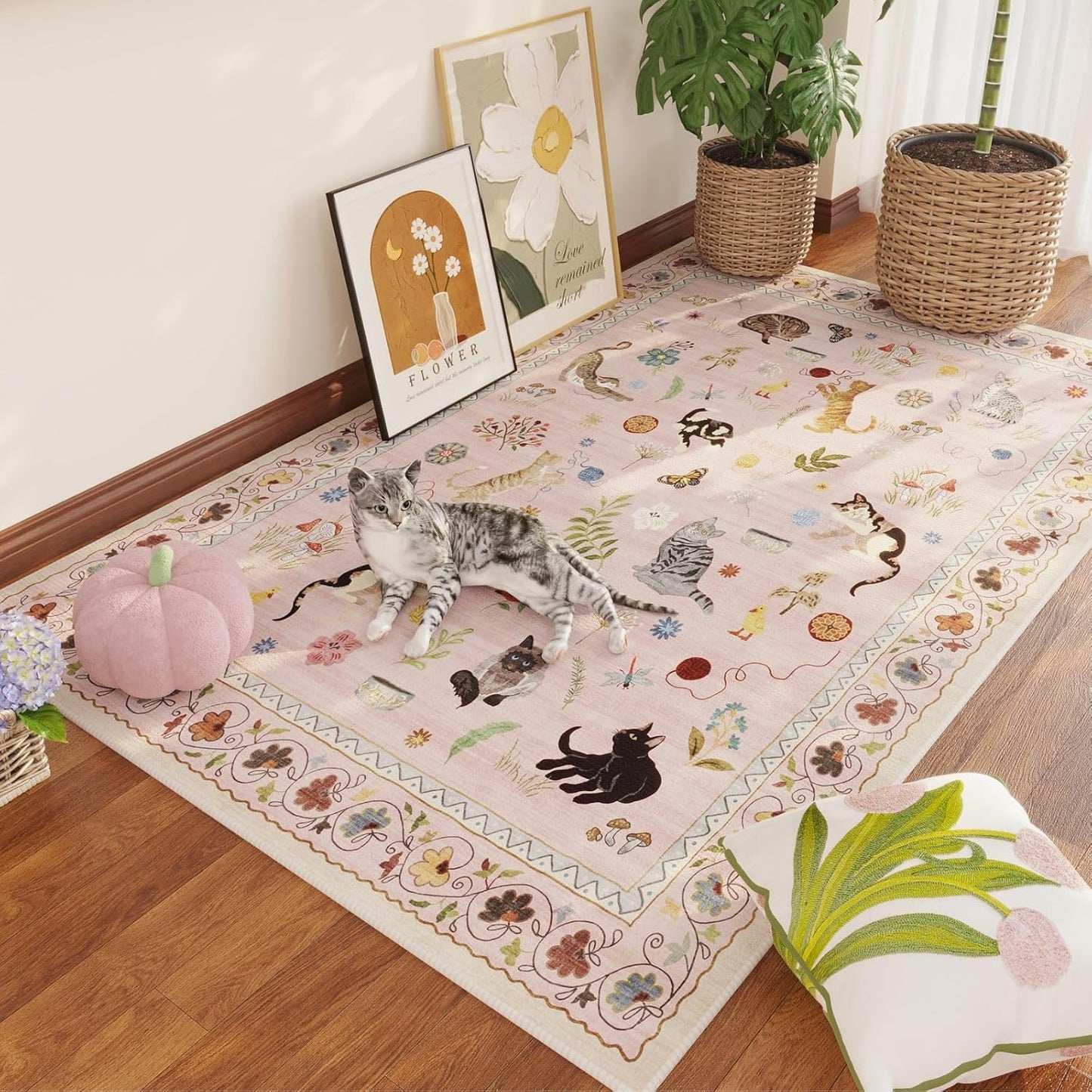 Rugcomf Living Room Rug 5x7 Rug Machine Washable Boho Area Rug Non Slip Floral Animal Cat Vintage Low Pile Large Rugs for Living Room Bedroom Farmhouse Dining Room Kids Playroom, Beige