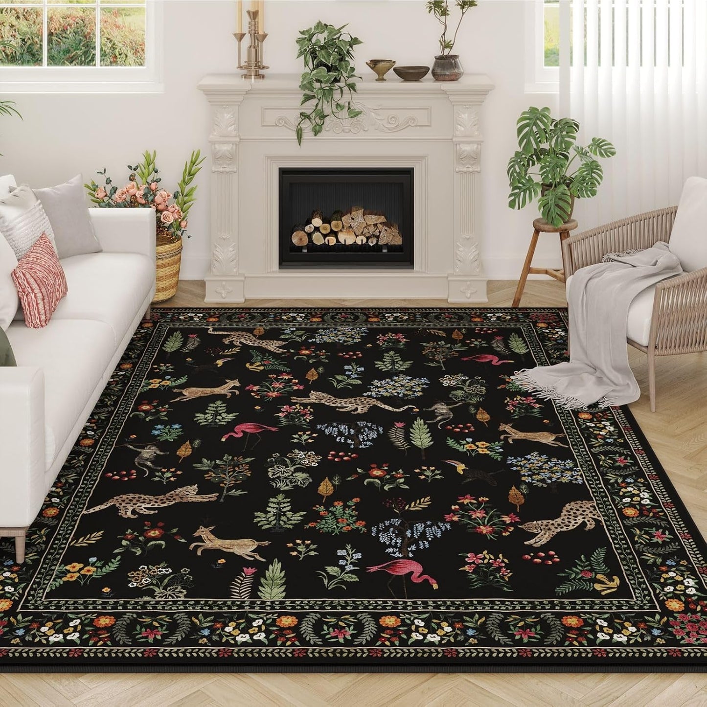 Rugcomf Living Room Rug 5x7 Rug Machine Washable Boho Area Rug Non Slip Floral Animal Cat Vintage Low Pile Large Rugs for Living Room Bedroom Farmhouse Dining Room Kids Playroom, Beige