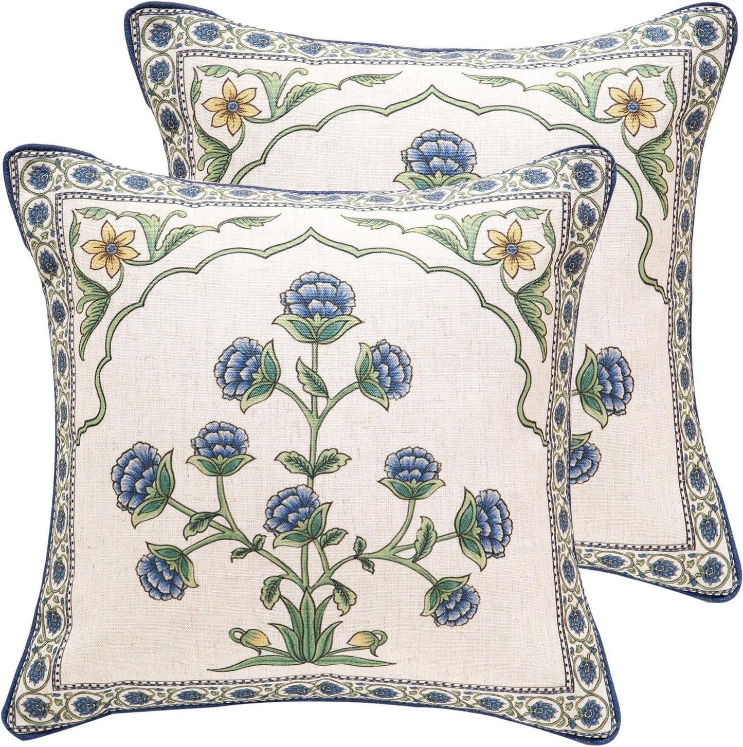 patdrea Designer Pack of 2 Square Throw Pillow Covers,Farmhouse Pink and Yellow Linen with Floral Pattern Pillows Cover,Decorative Pillowcases Cushion for Bed Living Room Outdoor Car,18"x18"