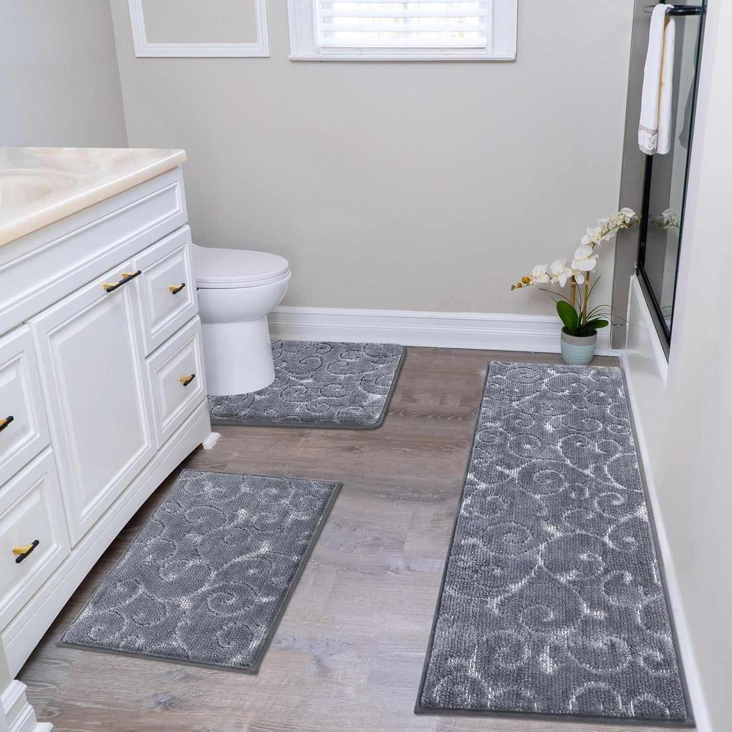 HEBE Bathroom Rug Set - 3 Piece Non Slip Shower Mats with U-Shaped Toilet Mat, Absorbent Microfiber Bath Mats for Bath Rugs, Washable Shaggy Floor Carpet