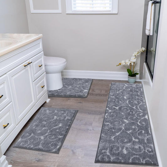 HEBE Bathroom Rug Set - 3 Piece Non Slip Shower Mats with U-Shaped Toilet Mat, Absorbent Microfiber Bath Mats for Bath Rugs, Washable Shaggy Floor Carpet