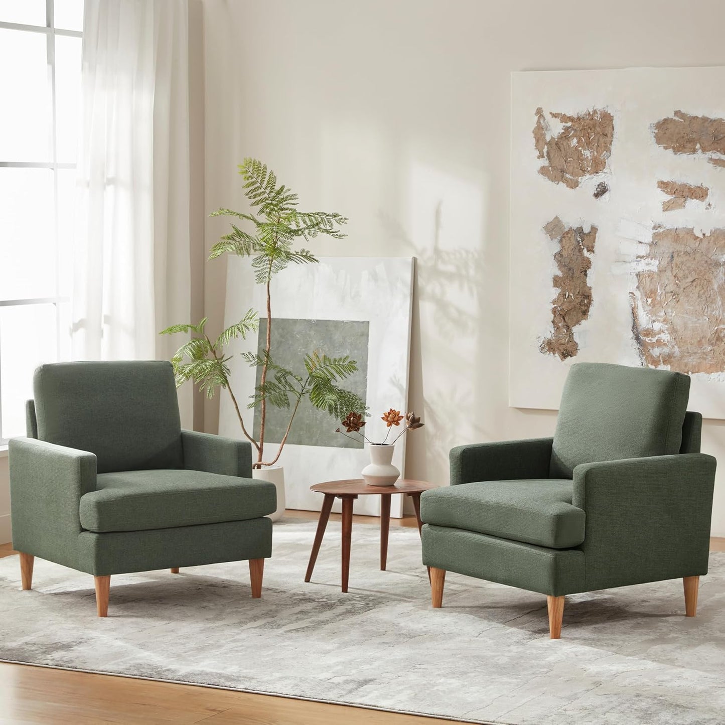 VKNOW Mid-Century Accent Chair, Modern Upholstered Chenille Armchair for Living Room,Comfy Reading Accent Chairs with Wood Legs for Bedroom, Beige