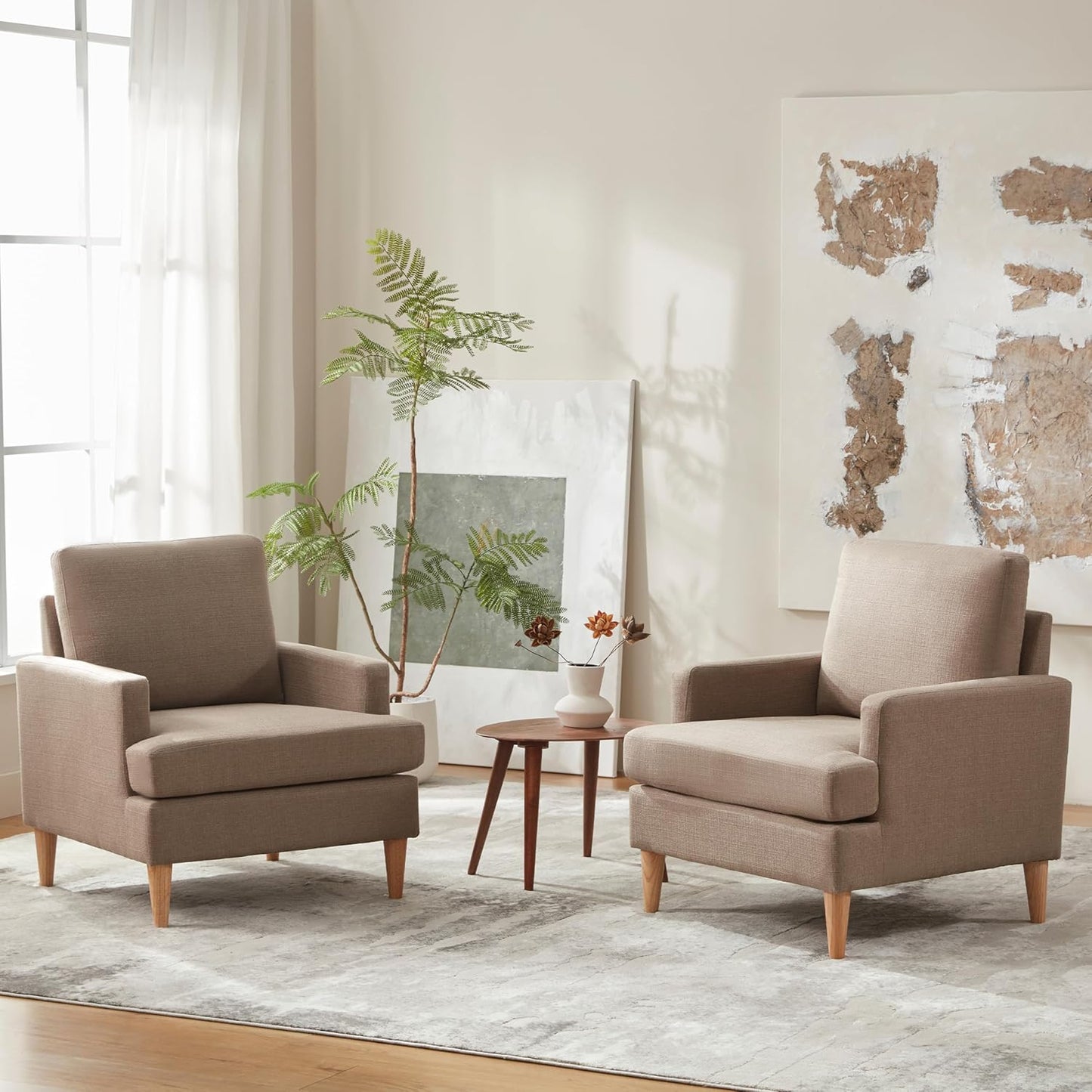 VKNOW Mid-Century Accent Chair, Modern Upholstered Chenille Armchair for Living Room,Comfy Reading Accent Chairs with Wood Legs for Bedroom, Beige
