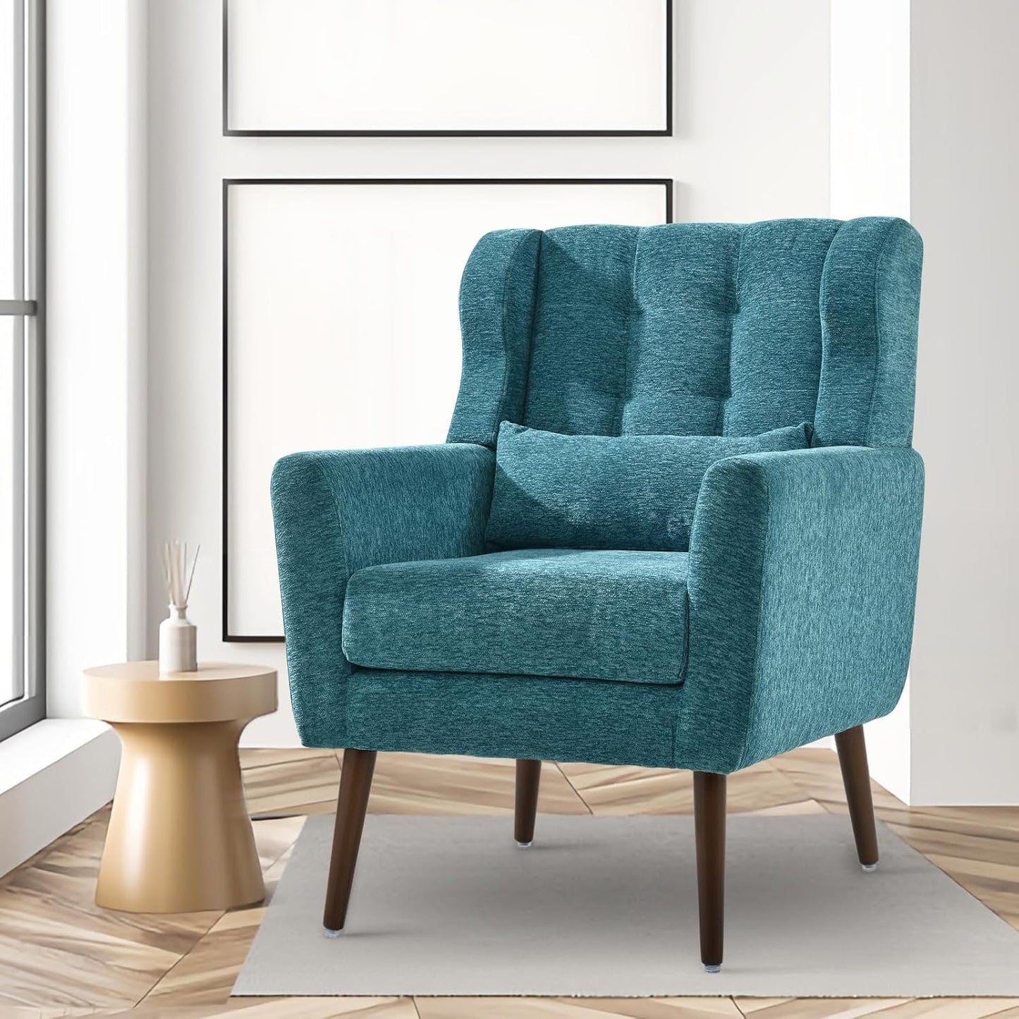 Accent Chairs Set of 2 for Living Room, Chenille Upholstered Mordern Armchair, Comfy Soft Padded Lounge Reading Arm Chair in Small Space, Bedroom, Pillow, Solid Wood Leg, Beige