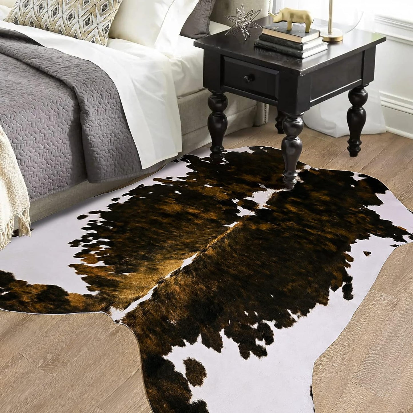 Amearea Faux Cow Hide Rug Large 7×6.2 Feet, Premium Western Home Decor Cow Print Rugs for Living Room, Faux Leather Animal Cowhide Bedroom Carpet, Dining Traditional Cow Pattern Stuff Carpets, Brown