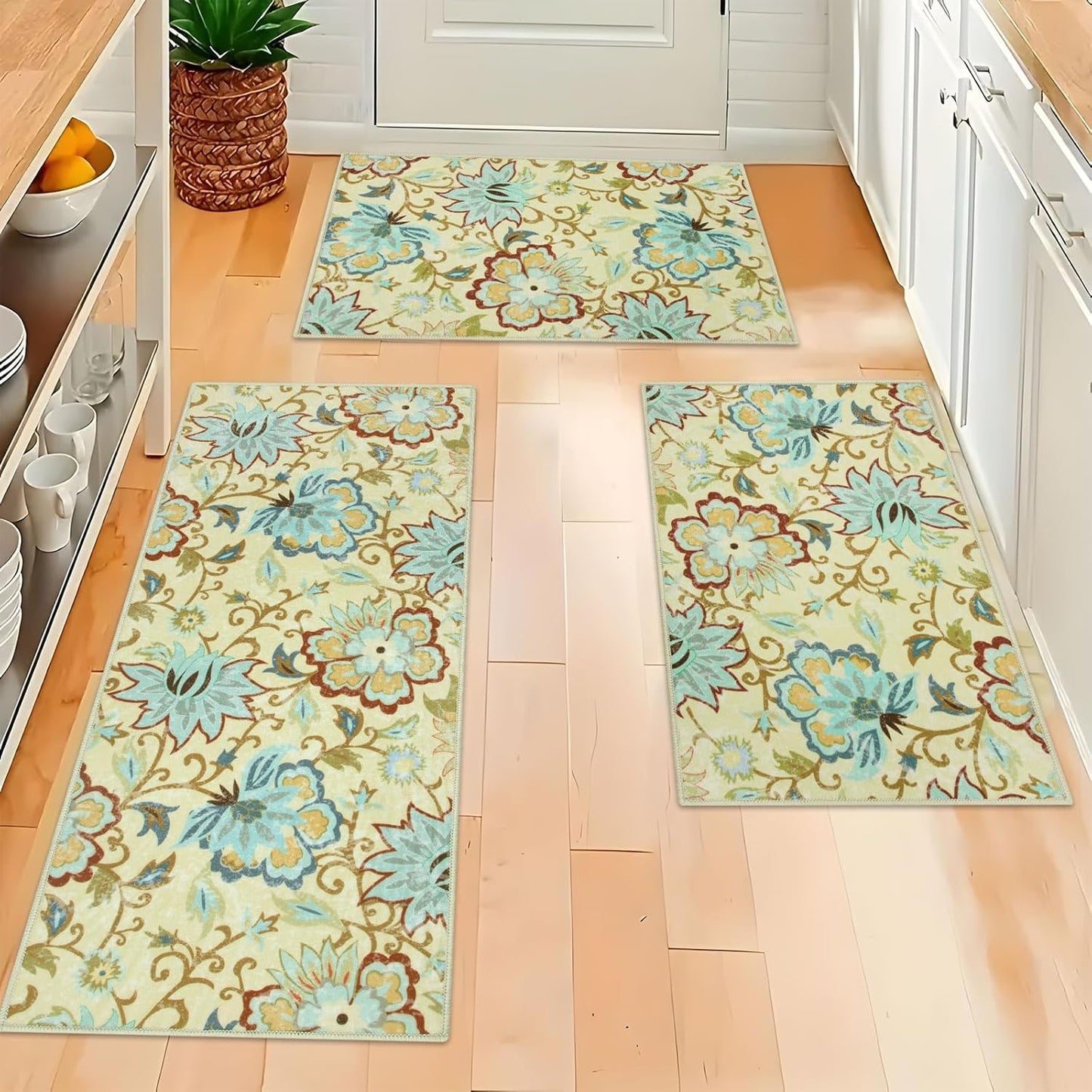 Homcomoda Boho 3 Piece Rug Set with Runner - Non Slip Floor Mats, Washable Kitchen Carpet Runner for Laundry, Hallway