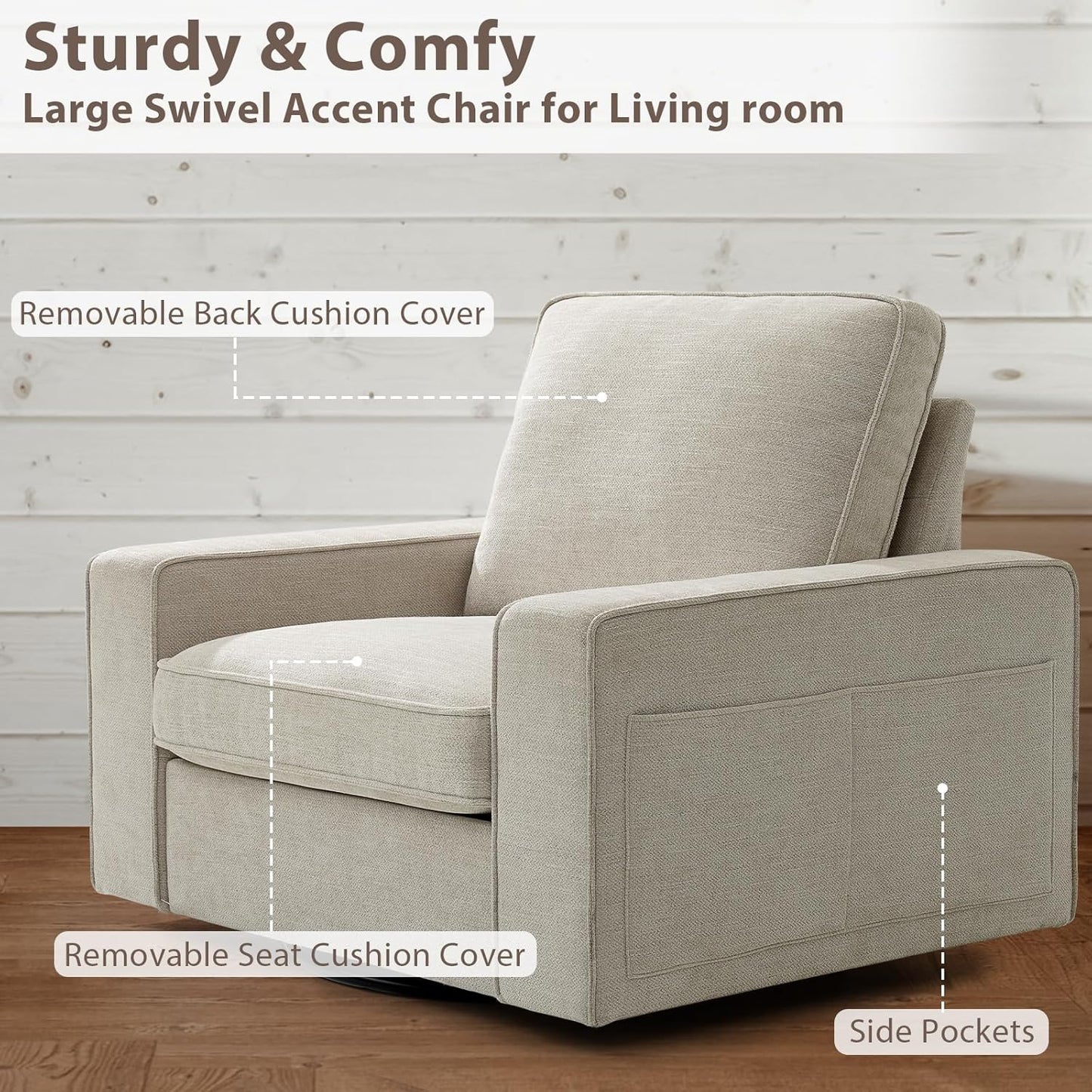 TEKAMON Swivel Accent Chair, Oversized Swivel Single Sofa Chair, Modern Chenille Fabric Barrel Armchair for Living Room/Office with Extra Wide Armrests, Washable Covers, 360° Rotation (Beige)