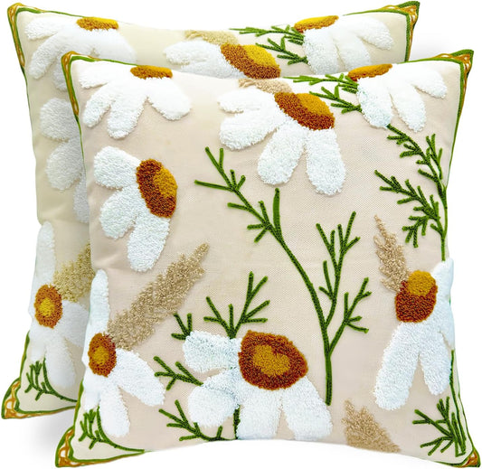 Alysheer Floral Embroidered Fall Decorative Throw Pillow Covers 18"x 18" Set of 2, Farmhouse Daisy Flowers Patterned Canvas Cushion Cases for Couch Bed Living Room Decor