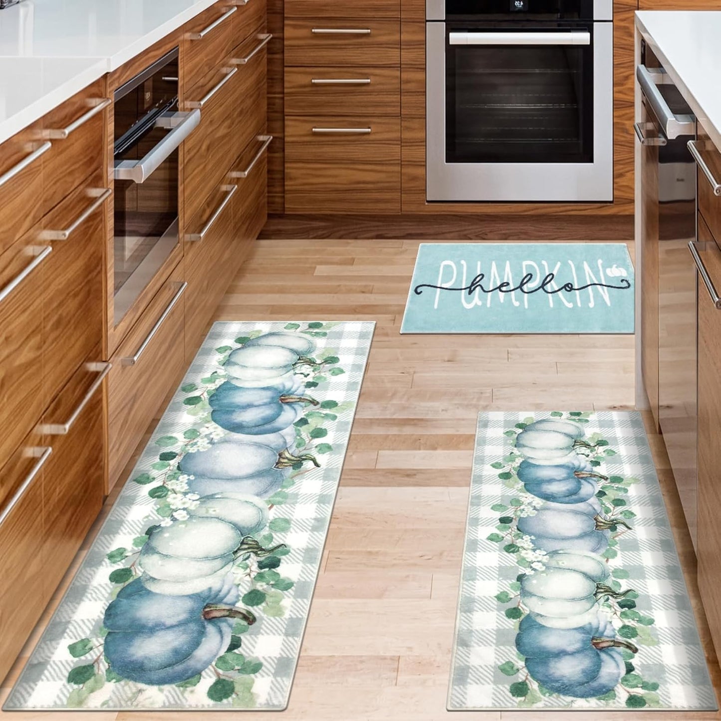 Fall Kitchen Rugs Sets of 3 Non Slip Washable Blue Pumpkin Kitchen Mats for Floor 3 Piece Set Kitchen Rug Sets Runner Carpets Absorbent for Home Party Autumn Decor(20"x32"+20"x48"+20"x59")
