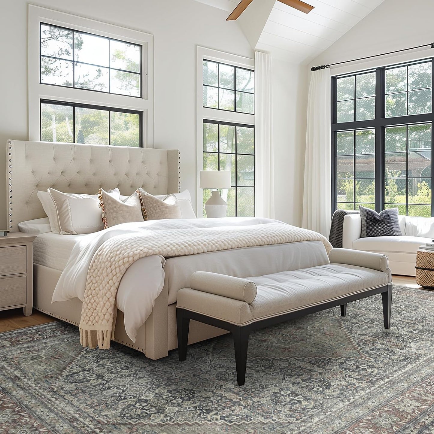 Area Rug 5×7, Vintage Boho Rug,Ultra-Soft Low Pile, Washable, Non Slip,Stain Resistant Printed Carpet for Living Room Bedrooms Playroom Office Kitchen, Light Blue