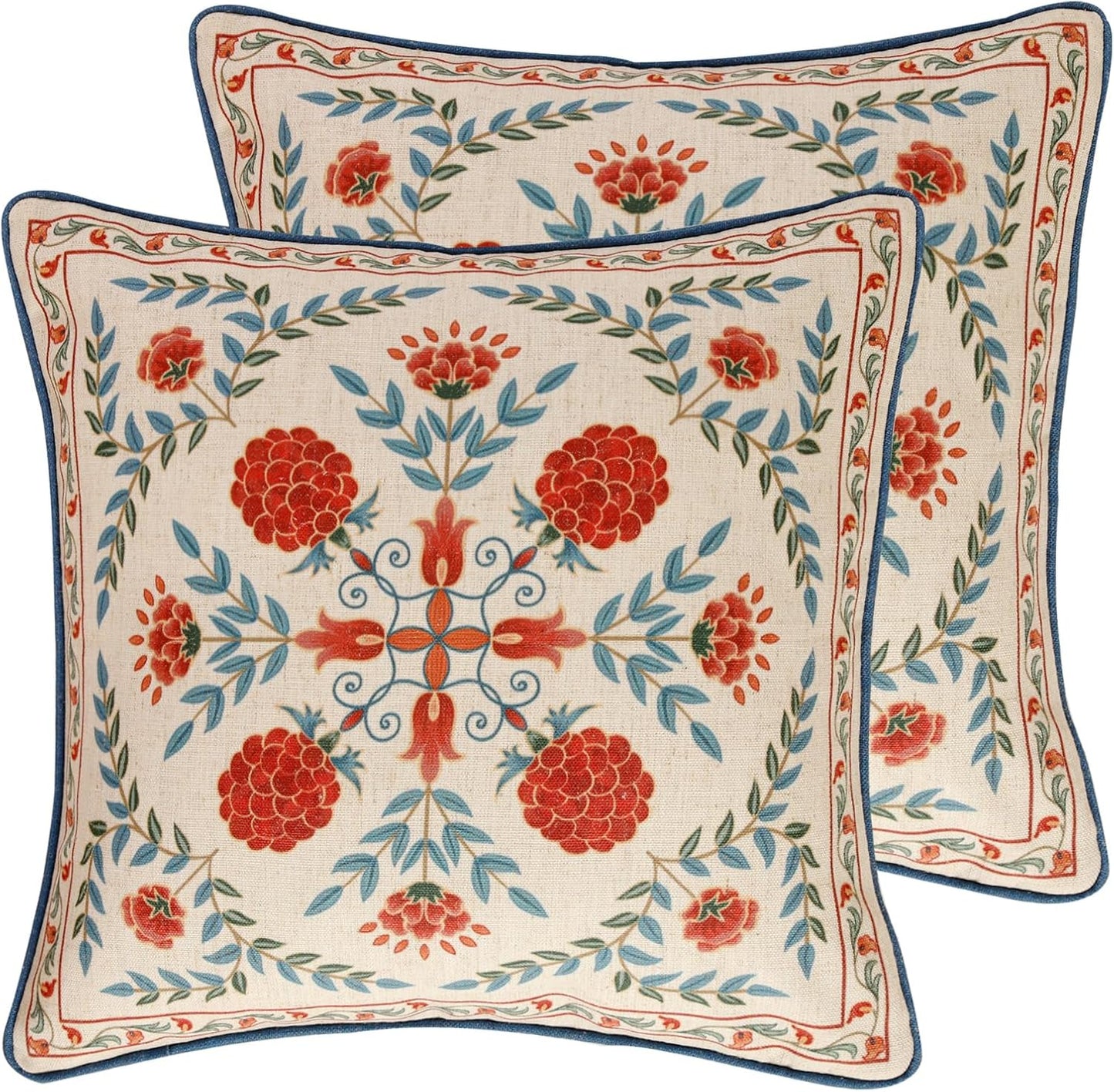patdrea Designer Pack of 2 Square Throw Pillow Covers,Farmhouse Pink and Yellow Linen with Floral Pattern Pillows Cover,Decorative Pillowcases Cushion for Bed Living Room Outdoor Car,18"x18"