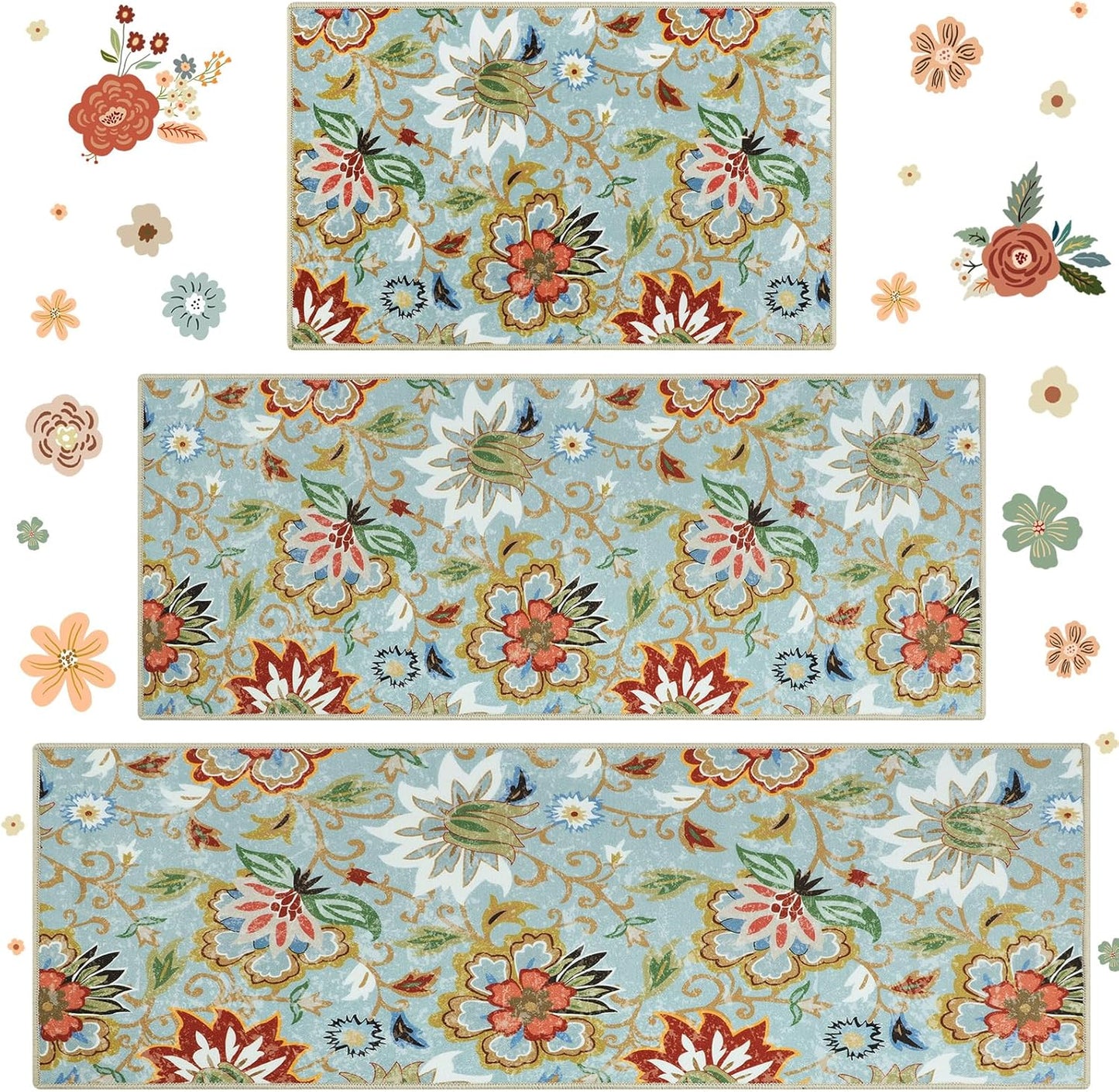 Homcomoda Boho 3 Piece Rug Set with Runner - Non Slip Floor Mats, Washable Kitchen Carpet Runner for Laundry, Hallway