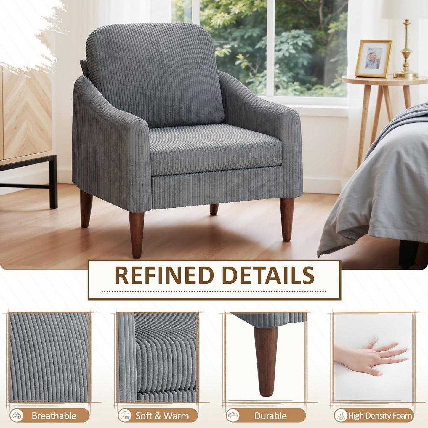JUMMICO Corduroy Fabric Club Chair, Accent Barrel Chair, Furry Sherpa Elegant Armchair with Cozy Soft Padded, Suitable for Reception Room Bedroom Living Room Office (Gray)