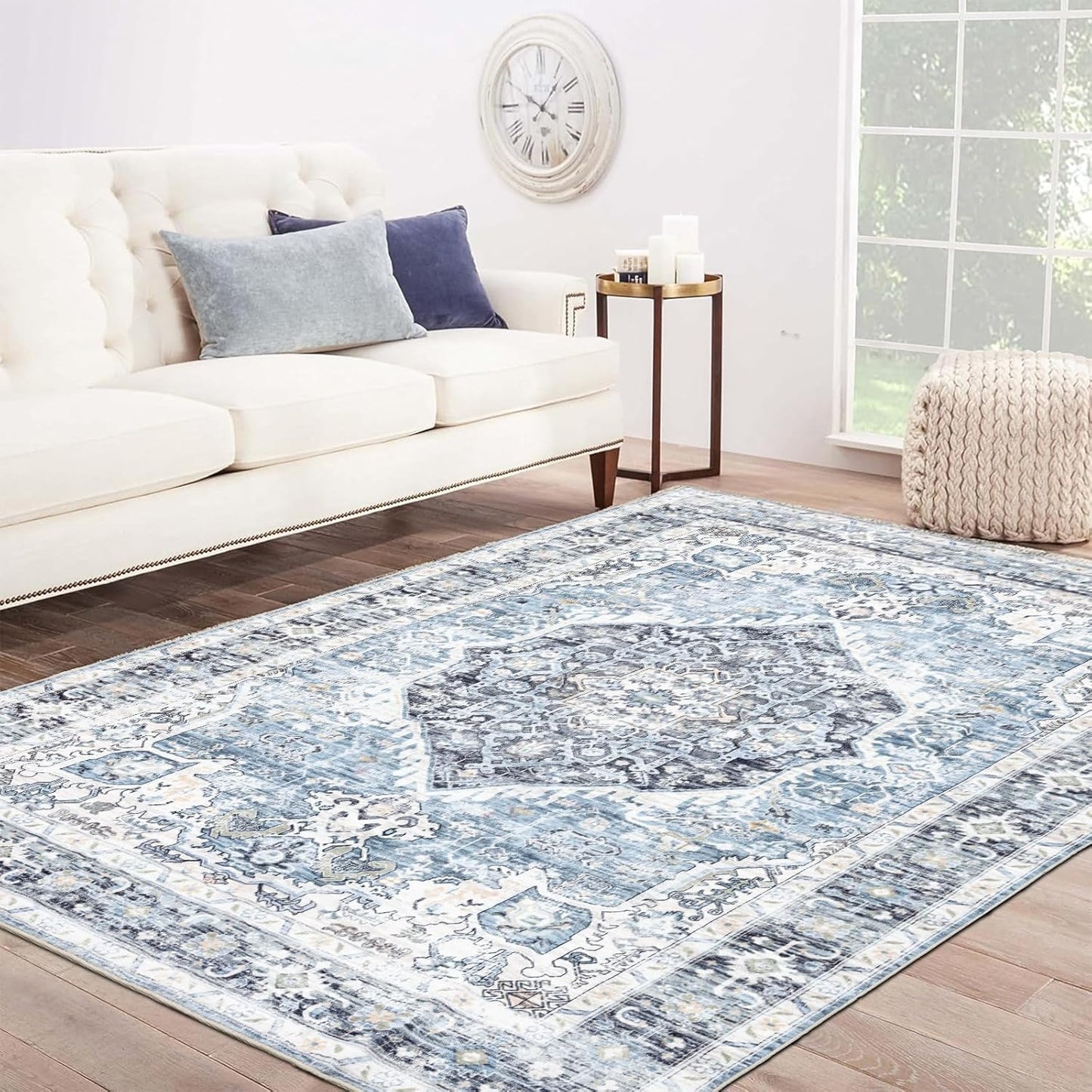 Area Rug 5×7, Vintage Boho Rug,Ultra-Soft Low Pile, Washable, Non Slip,Stain Resistant Printed Carpet for Living Room Bedrooms Playroom Office Kitchen, Light Blue