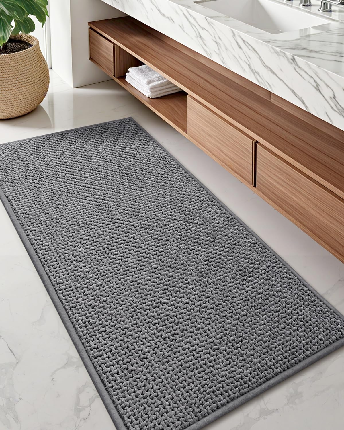 Color&Geometry Chenille Pile Large Bathroom Rugs Upgraded Denser, 24"x36" Non Slip Absorbent Black Bath Mats for Bathroom Thin Fit Under Door, Washable Quick Dry