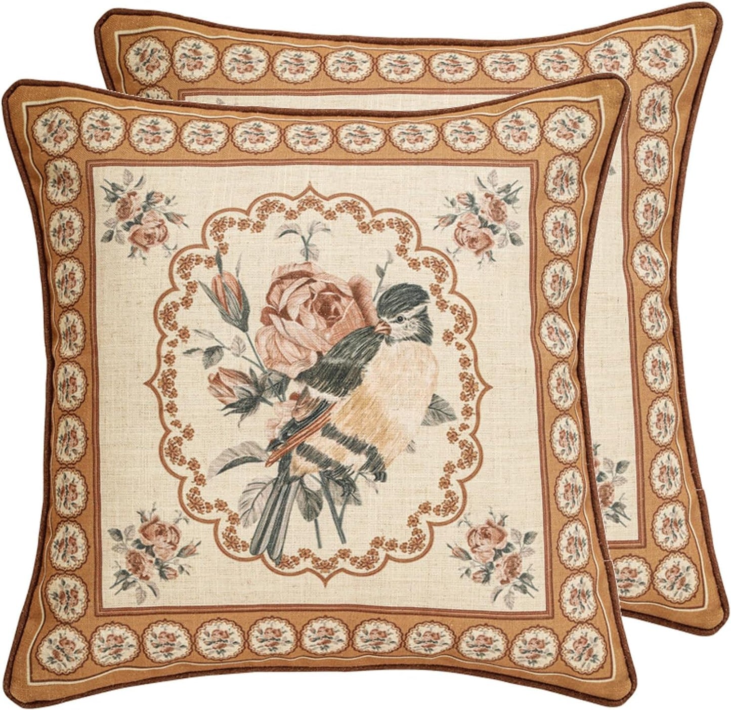 patdrea Designer Pack of 2 Square Throw Pillow Covers,Farmhouse Pink and Yellow Linen with Floral Pattern Pillows Cover,Decorative Pillowcases Cushion for Bed Living Room Outdoor Car,18"x18"