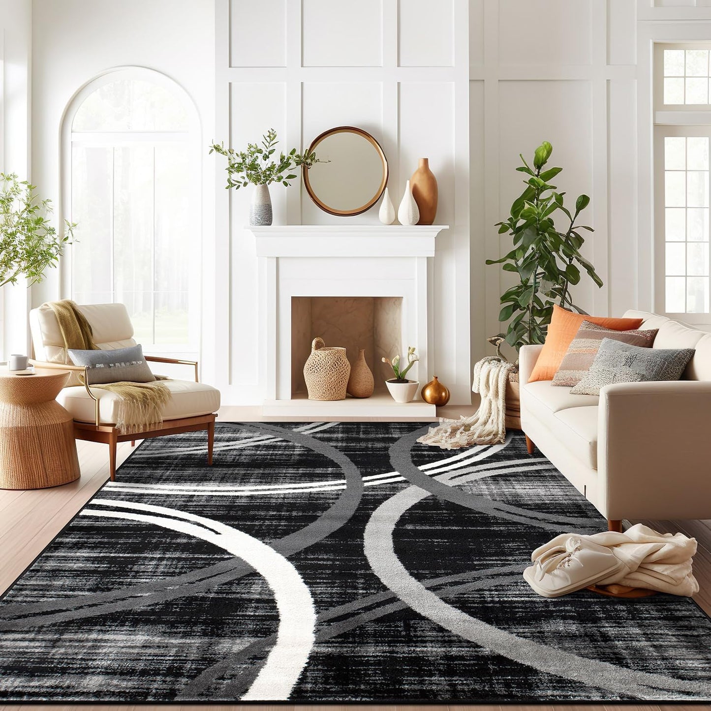 Rugshop Wavy Circles Design Area Rug, Fade-Resistant Carpet for Living Room, Dining Room, or Bedroom, Gray, 5'3" x 7'3"