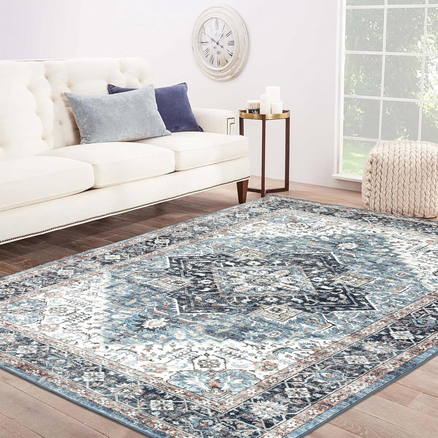 Area Rug 5×7, Vintage Boho Rug,Ultra-Soft Low Pile, Washable, Non Slip,Stain Resistant Printed Carpet for Living Room Bedrooms Playroom Office Kitchen, Light Blue