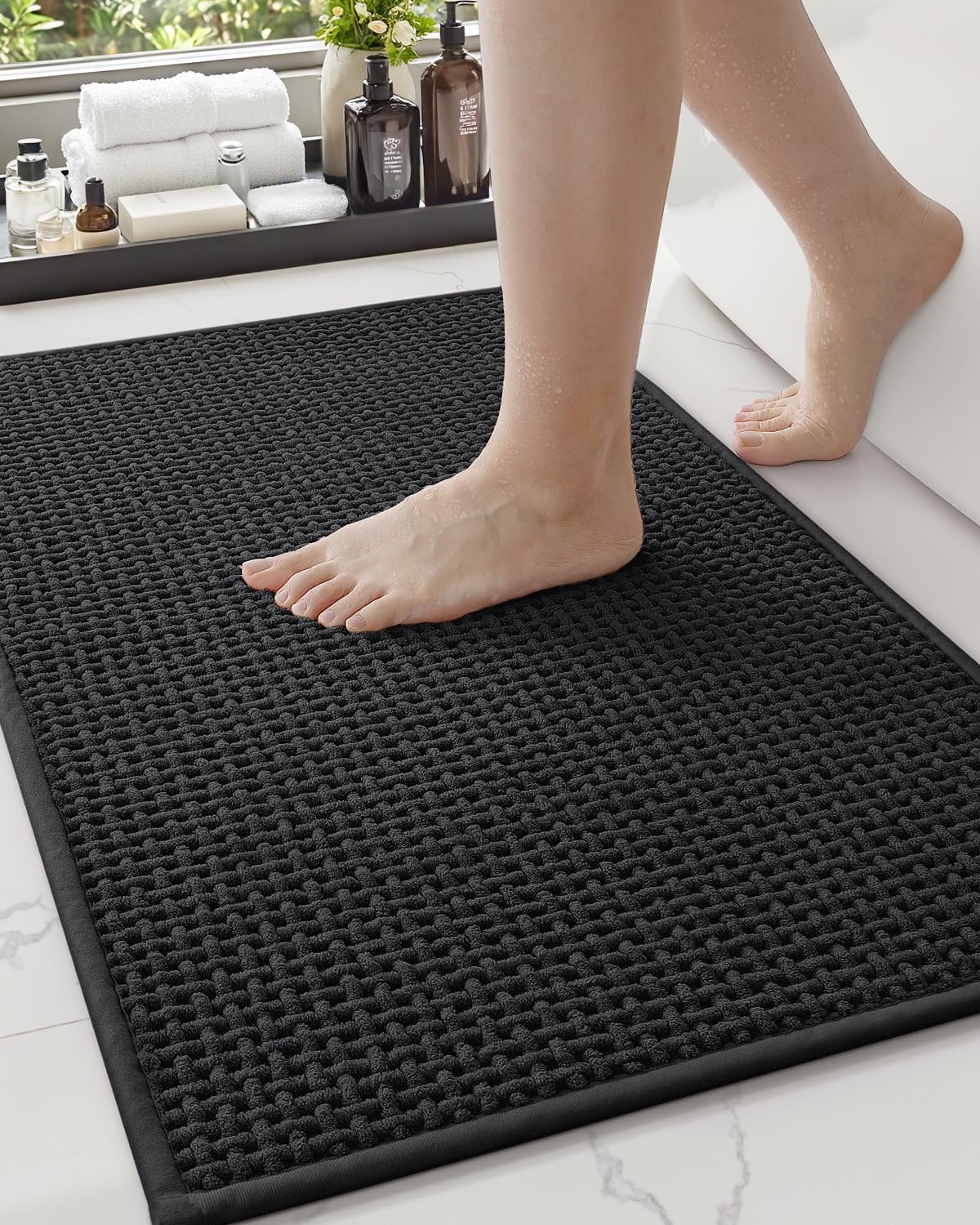 Color&Geometry Chenille Pile Large Bathroom Rugs Upgraded Denser, 24"x36" Non Slip Absorbent Black Bath Mats for Bathroom Thin Fit Under Door, Washable Quick Dry