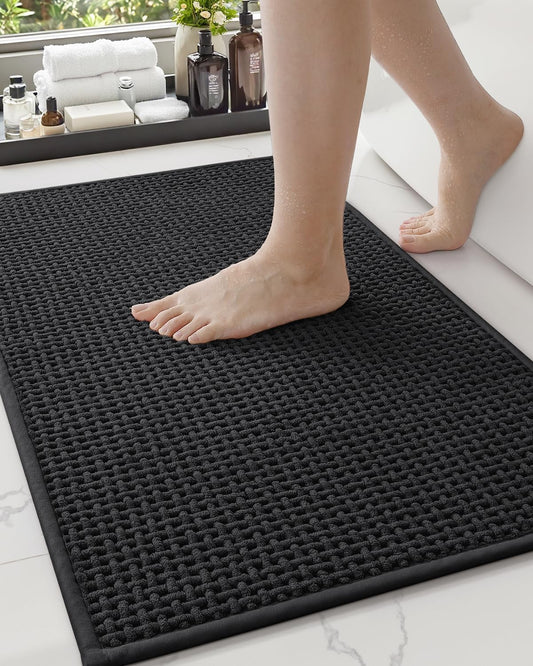 Color&Geometry Chenille Pile Large Bathroom Rugs Upgraded Denser, 24"x36" Non Slip Absorbent Black Bath Mats for Bathroom Thin Fit Under Door, Washable Quick Dry