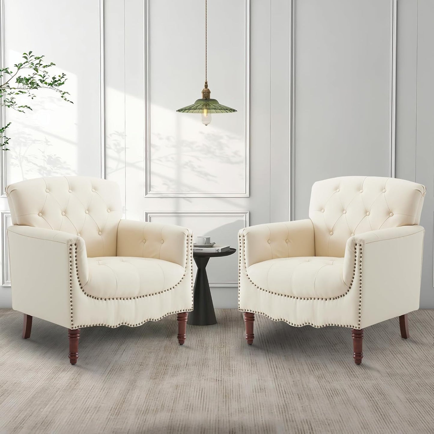 MOJAY PU Leather Accent Chair Set of 2, Modern Living Room Chair Comfy Armchair with Thick Padded Cushion, Lounge Sofa Club Chair with Sturdy Wood Legs for Bedroom Home Office (Ivory White)