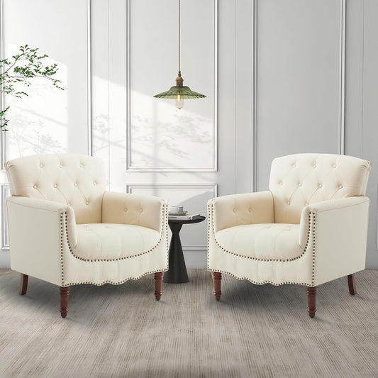 MOJAY PU Leather Accent Chair Set of 2, Modern Living Room Chair Comfy Armchair with Thick Padded Cushion, Lounge Sofa Club Chair with Sturdy Wood Legs for Bedroom Home Office (Ivory White)