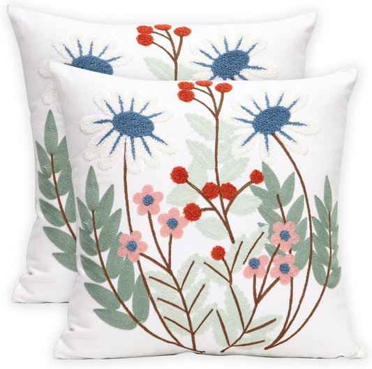 Pack of 2 Embroidered Decorative Throw Pillow Cover 18x18 Inch Farmhouse Floral Pillowcase for Living Room Sofa Bed (Flower)