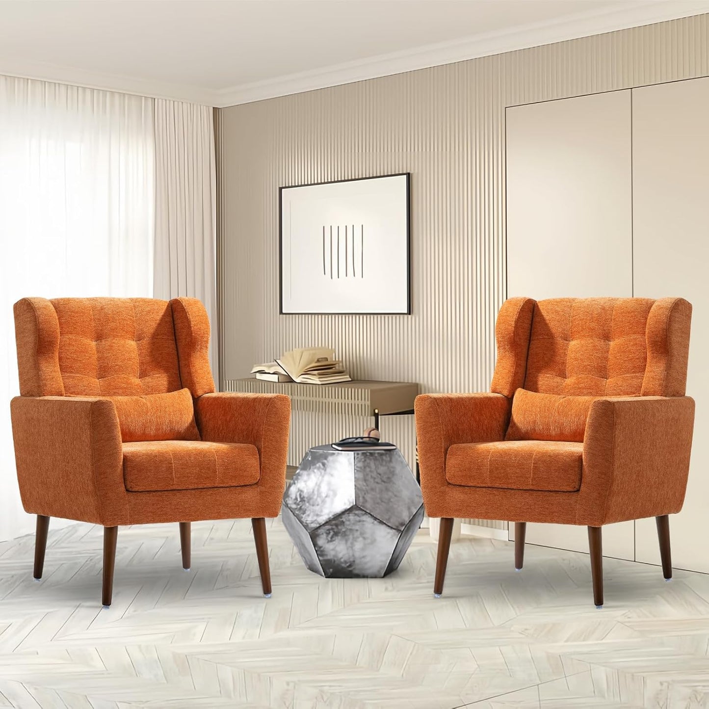 Accent Chairs Set of 2 for Living Room, Chenille Upholstered Mordern Armchair, Comfy Soft Padded Lounge Reading Arm Chair in Small Space, Bedroom, Pillow, Solid Wood Leg, Beige