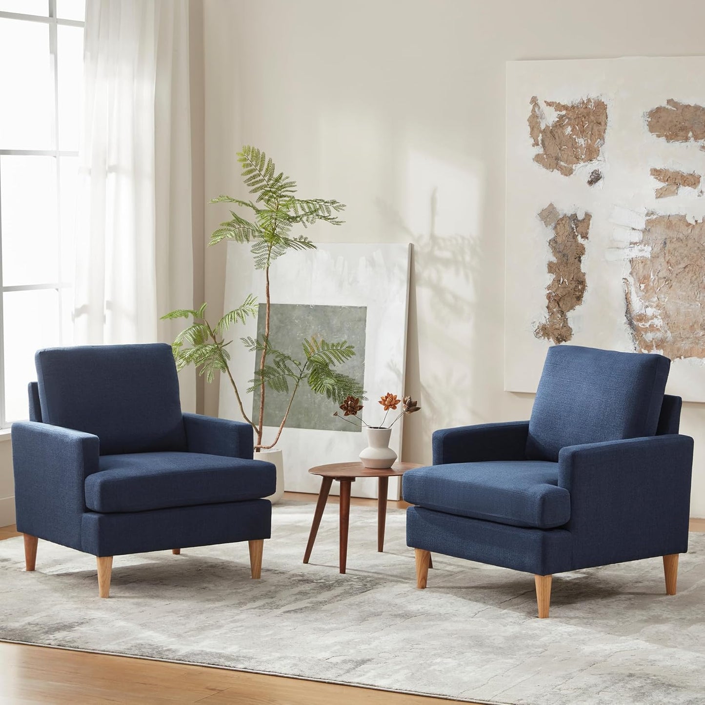 VKNOW Mid-Century Accent Chair, Modern Upholstered Chenille Armchair for Living Room,Comfy Reading Accent Chairs with Wood Legs for Bedroom, Beige