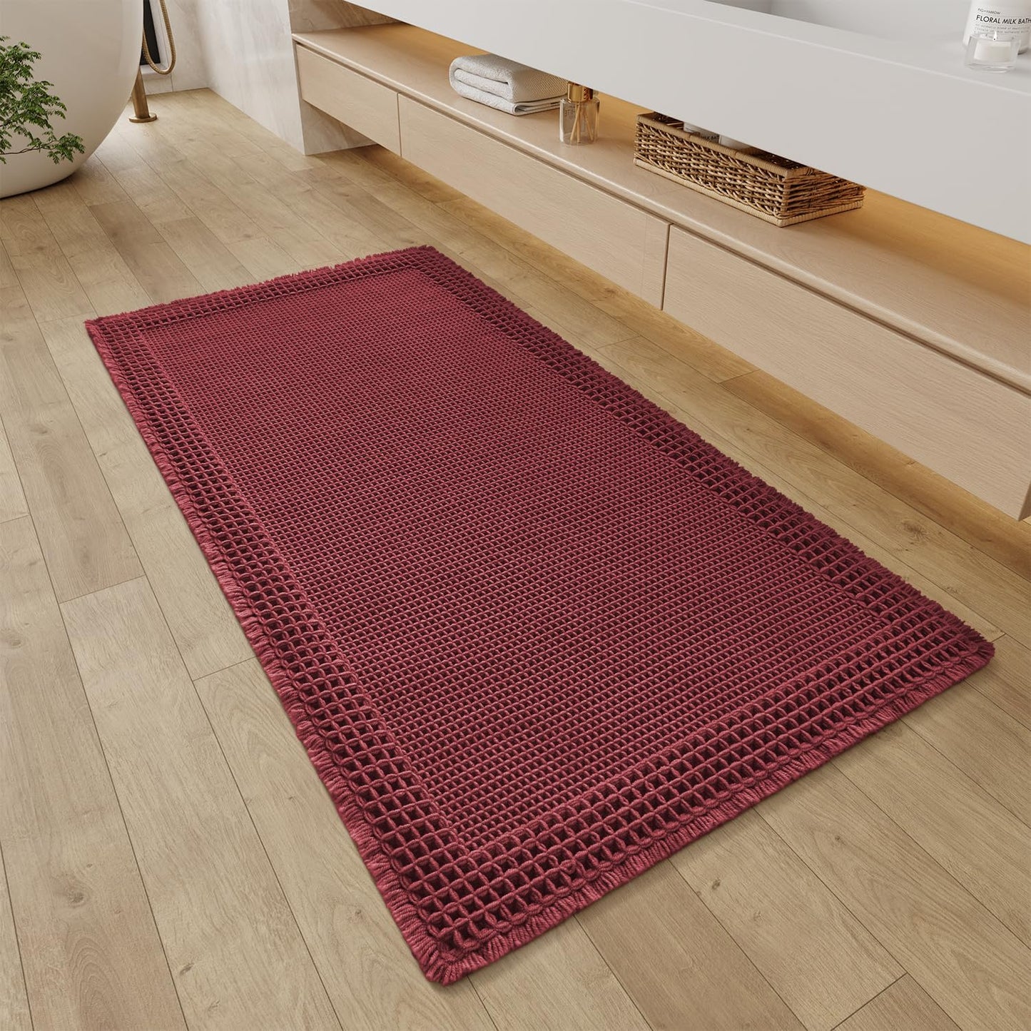 RESARE Waffle Bathroom Runner Rugs, Super Absorbent Bath Mat Non Slip Washable Quick Dry, Upgraded Ultra Soft Boho Bath Rugs with Tassels for Hallway Bedroom Laundry Room, 2'x6'(24"x72"), Brown