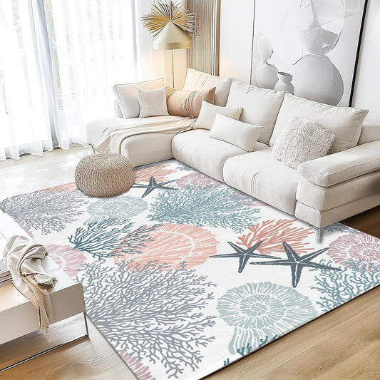 Corals Coastal Rug for Living Room 5x7 Area Rug Washable Non-Slip Rugs for Bedroom Cute Soft Kids Nursery Rug, Nautical Beach Themed Capet for Entryway Office Dining Room