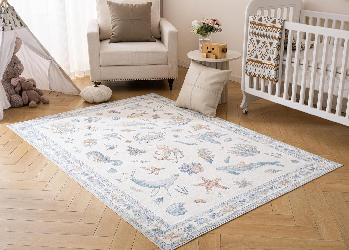 Soft Marine Animal Washable Faux Wool Stain Resistant Rug Rubber Non-Slip Backing for Playroom Bathroom Living Room Bedroom Bedside Beachy Cute Coastal Nautical Nursery Rug (Blue Multi, 5' x 7')