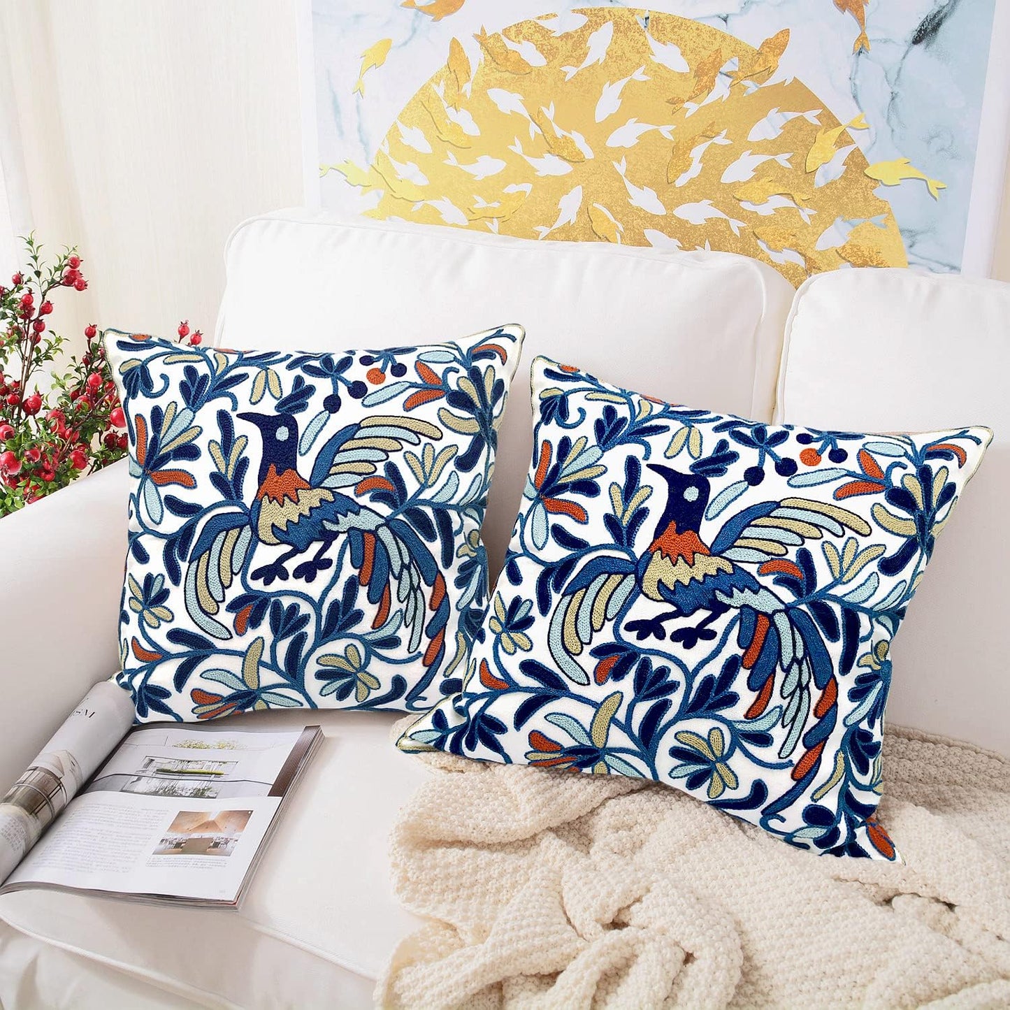 Alysheer Floral Embroidered Fall Decorative Throw Pillow Covers 18"x 18" Set of 2, Farmhouse Daisy Flowers Patterned Canvas Cushion Cases for Couch Bed Living Room Decor