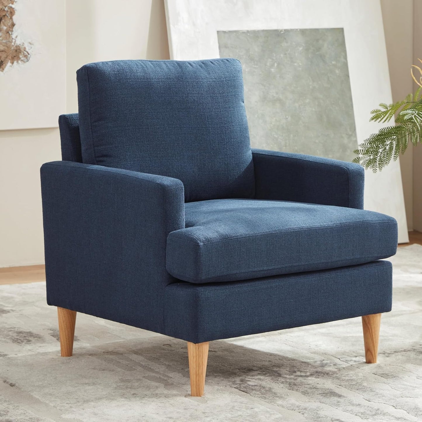 VKNOW Mid-Century Accent Chair, Modern Upholstered Chenille Armchair for Living Room,Comfy Reading Accent Chairs with Wood Legs for Bedroom, Beige