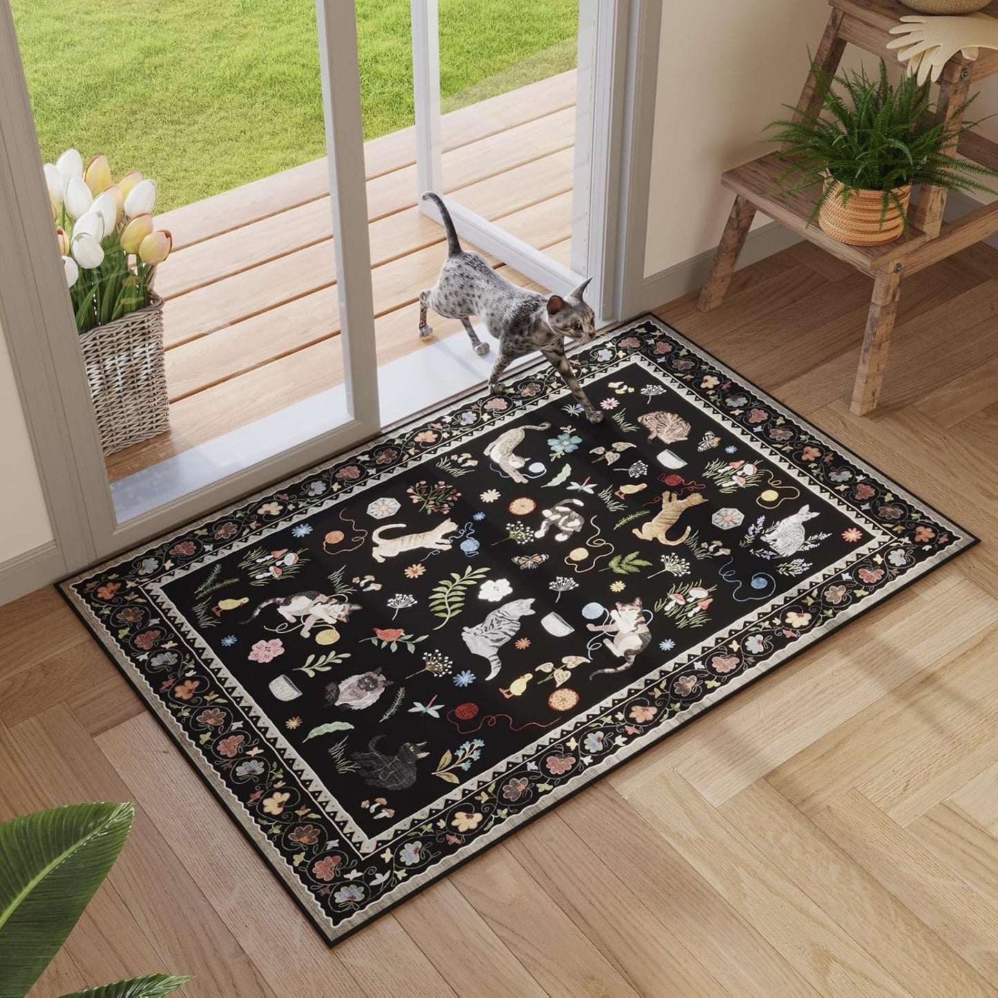 Rugcomf Living Room Rug 5x7 Rug Machine Washable Boho Area Rug Non Slip Floral Animal Cat Vintage Low Pile Large Rugs for Living Room Bedroom Farmhouse Dining Room Kids Playroom, Beige