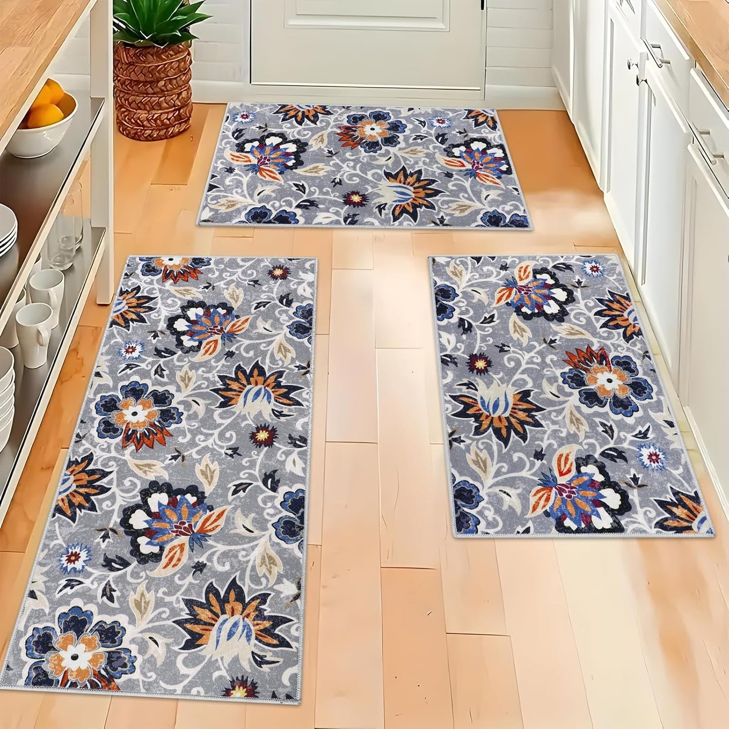 Homcomoda Boho 3 Piece Rug Set with Runner - Non Slip Floor Mats, Washable Kitchen Carpet Runner for Laundry, Hallway