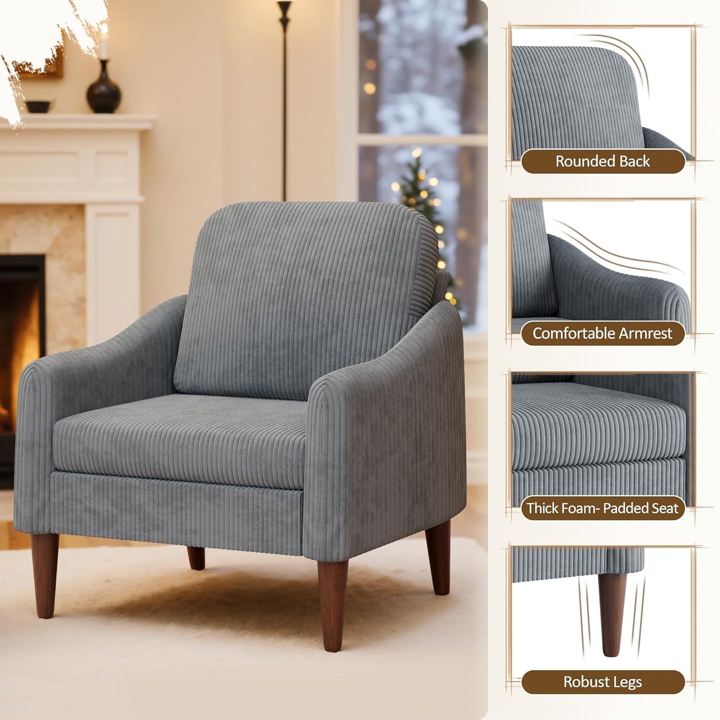 JUMMICO Corduroy Fabric Club Chair, Accent Barrel Chair, Furry Sherpa Elegant Armchair with Cozy Soft Padded, Suitable for Reception Room Bedroom Living Room Office (Gray)