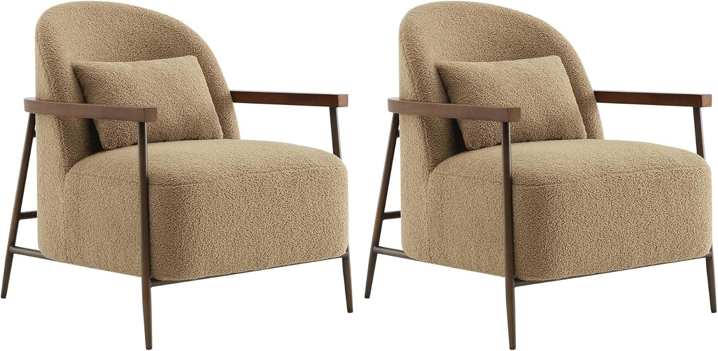CHITA Accent Chair for Living Room Set of 2, FSC Certified Modern Upholstered Faux Sherpa Fabric Armchair with Metal Frame and Wooden Armrests, Ivory
