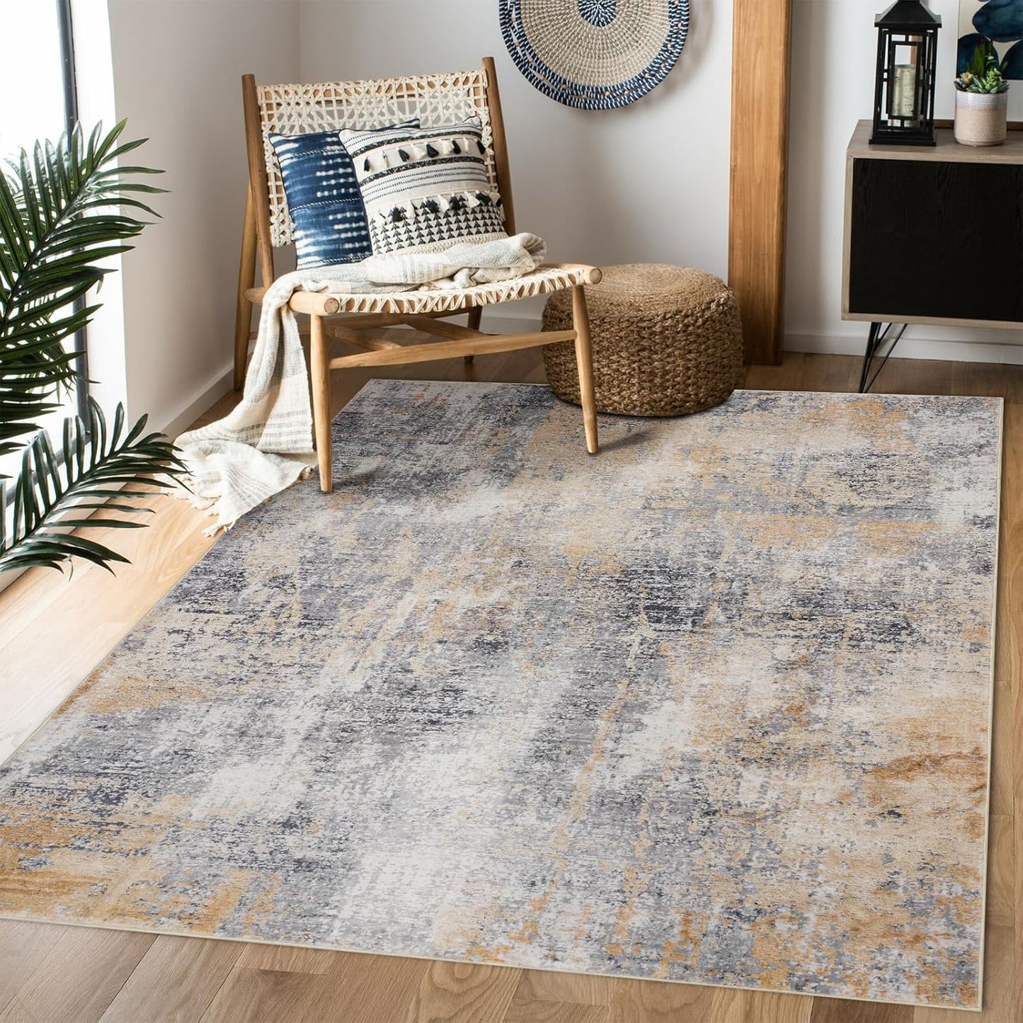 Area Rug 5×7, Vintage Boho Rug,Ultra-Soft Low Pile, Washable, Non Slip,Stain Resistant Printed Carpet for Living Room Bedrooms Playroom Office Kitchen, Light Blue
